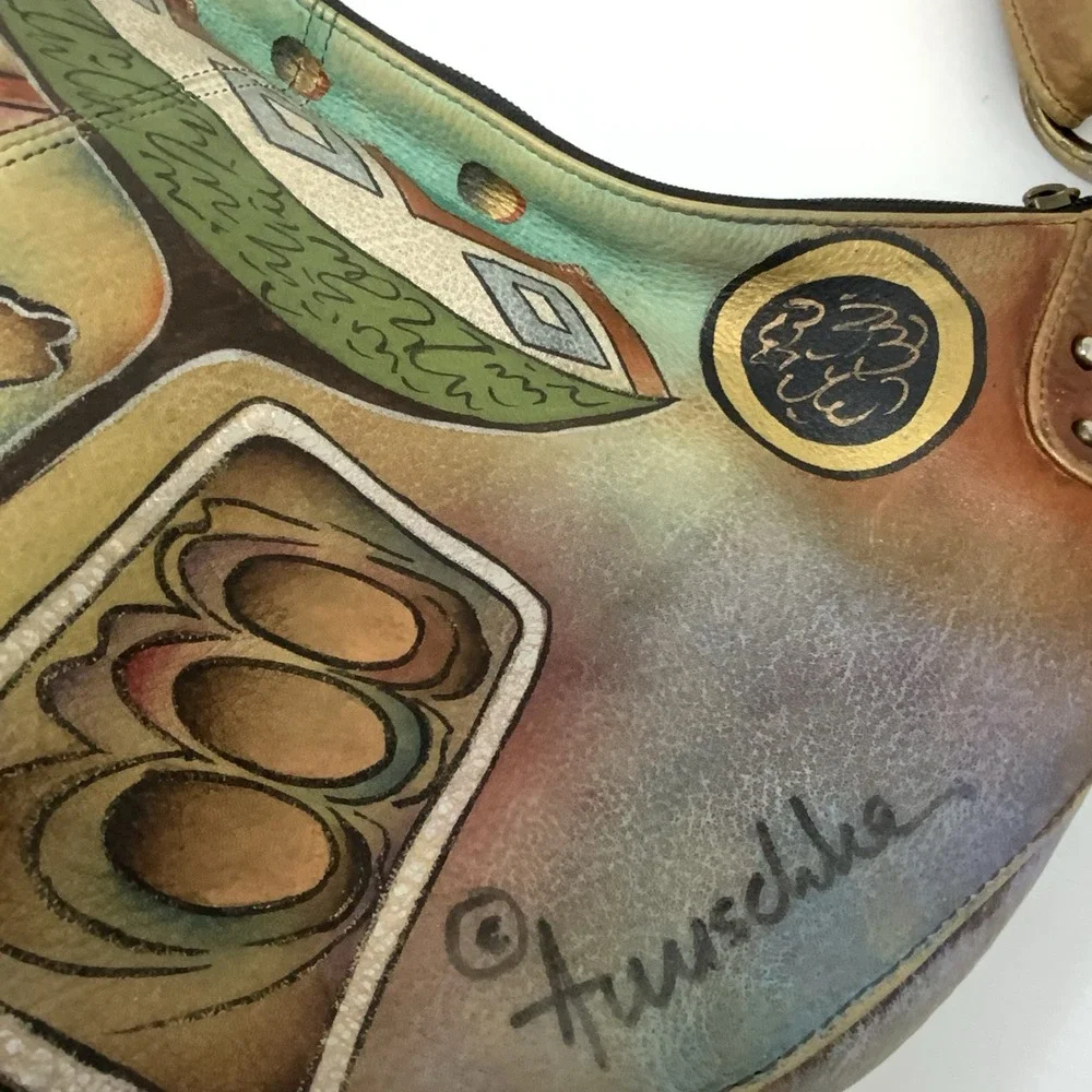 Anuschka Hand Painted Leather‎ Hobo Purse Shoulder Bag Whimsical Artsy Abstract